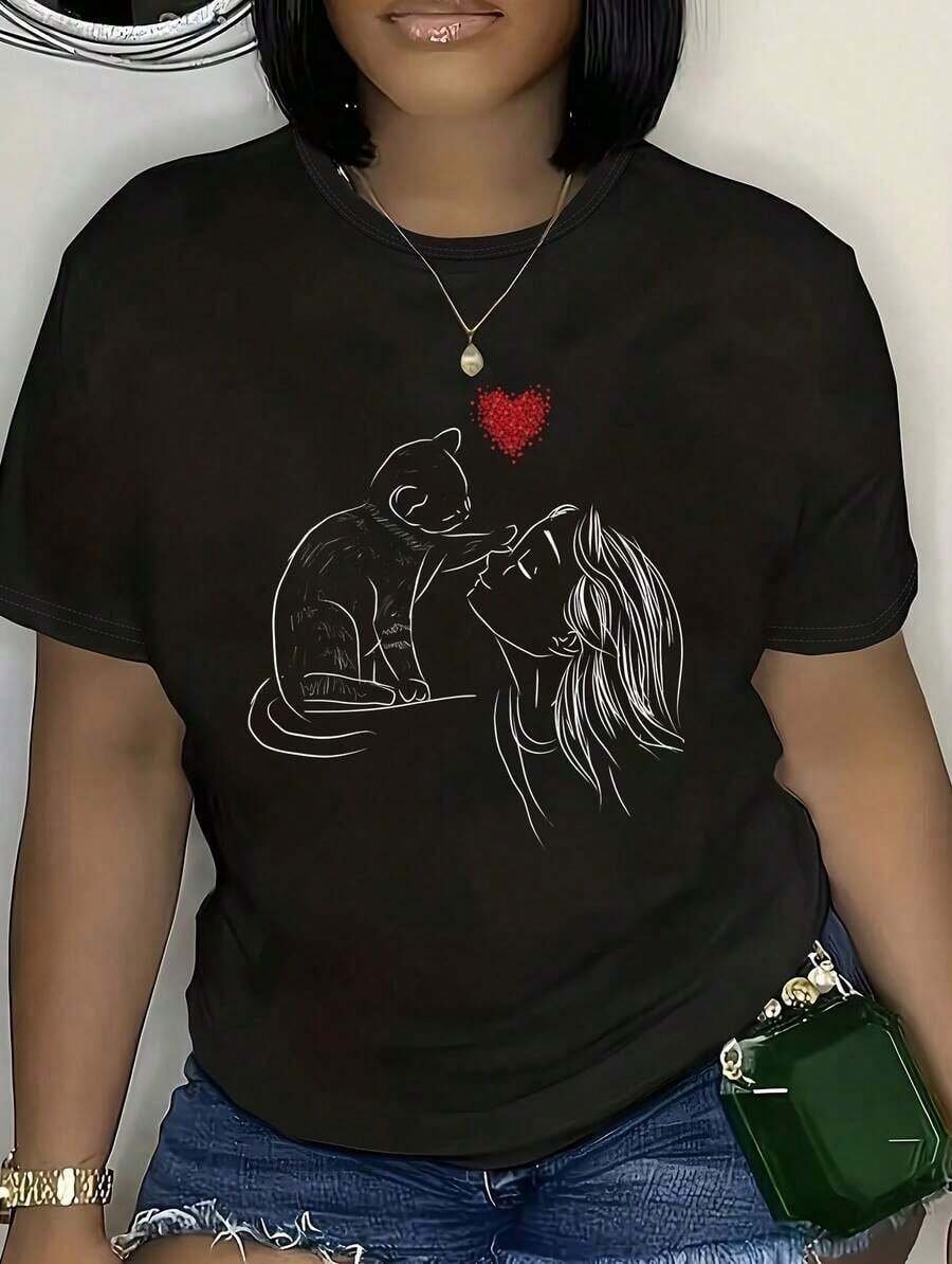 1 Casual Fashion T-Shirt For Men And Women, Plus Size, With Cat Print, Short Sleeve T-Shirts For Spring And Summer, Plus Size Clothing For Women, Comfortable Fit. Versatile, Easy To Match, Suitable For Daily Wear, Urban Style, Vacation Wear, Weekend Wear. - 黑色 - 查看 1