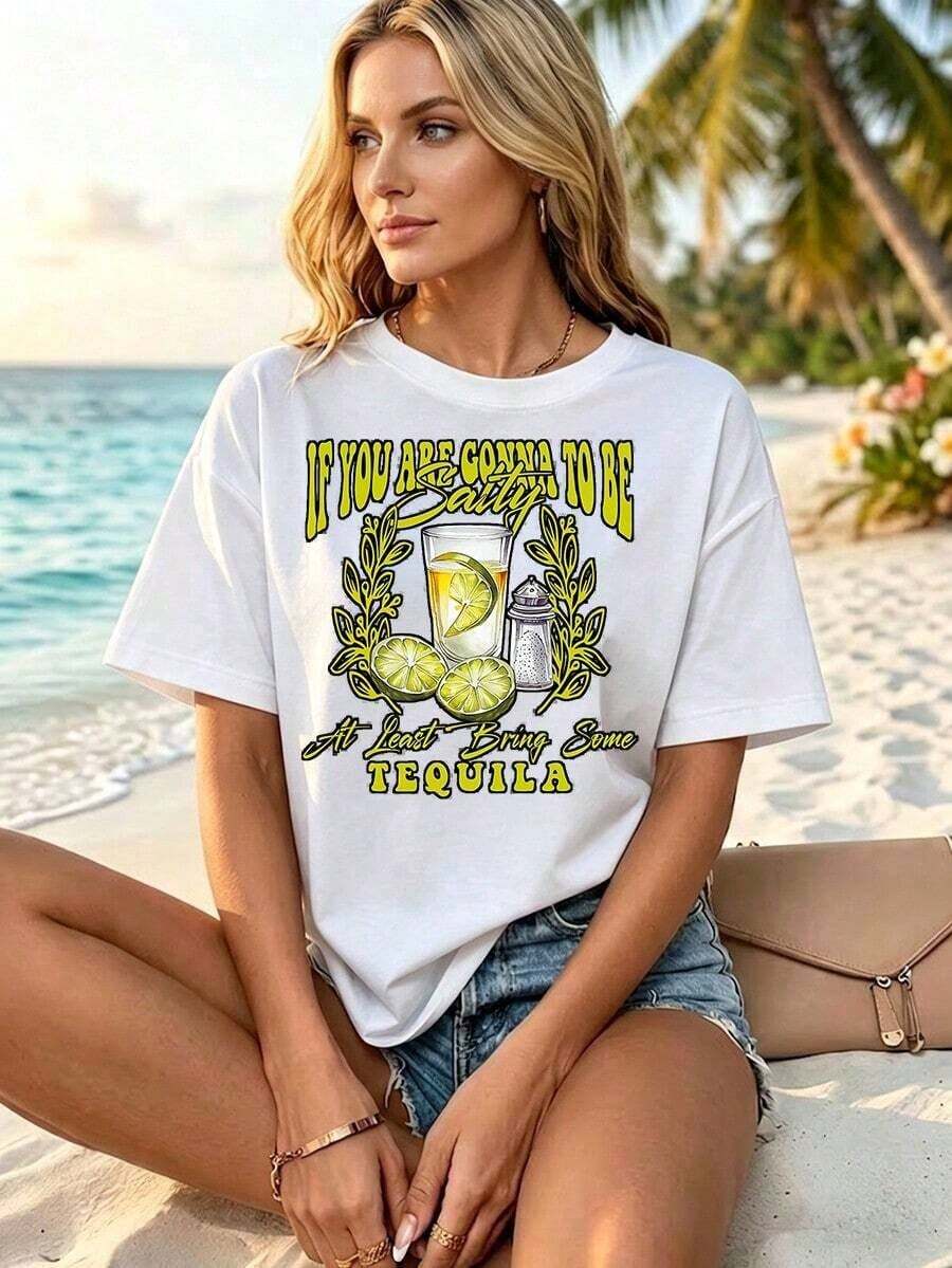 Camiseta Casual de Manga Corta para Mujer con Diseño Gráfico Divertido de Tequila, "Si vas a ser brusco, trae tequila", Top Casual de Verano, Camiseta Versátil y Cómoda para Uso Diario en la Playa, Regalo Perfecto para el Cinco de Mayo y el Día de la Madre. - Blanco - Ver 1
