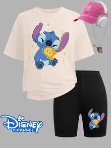 Disney Collaboration,Disney Stitch 2 Piece Outfit, Women's Lilo & Stitch T-Shirt And Biker Shorts Set, Casual Summer Tracksuit,Teacher Appreciation Gifts,4th Of July,Disney Kids - Apricot - View 2