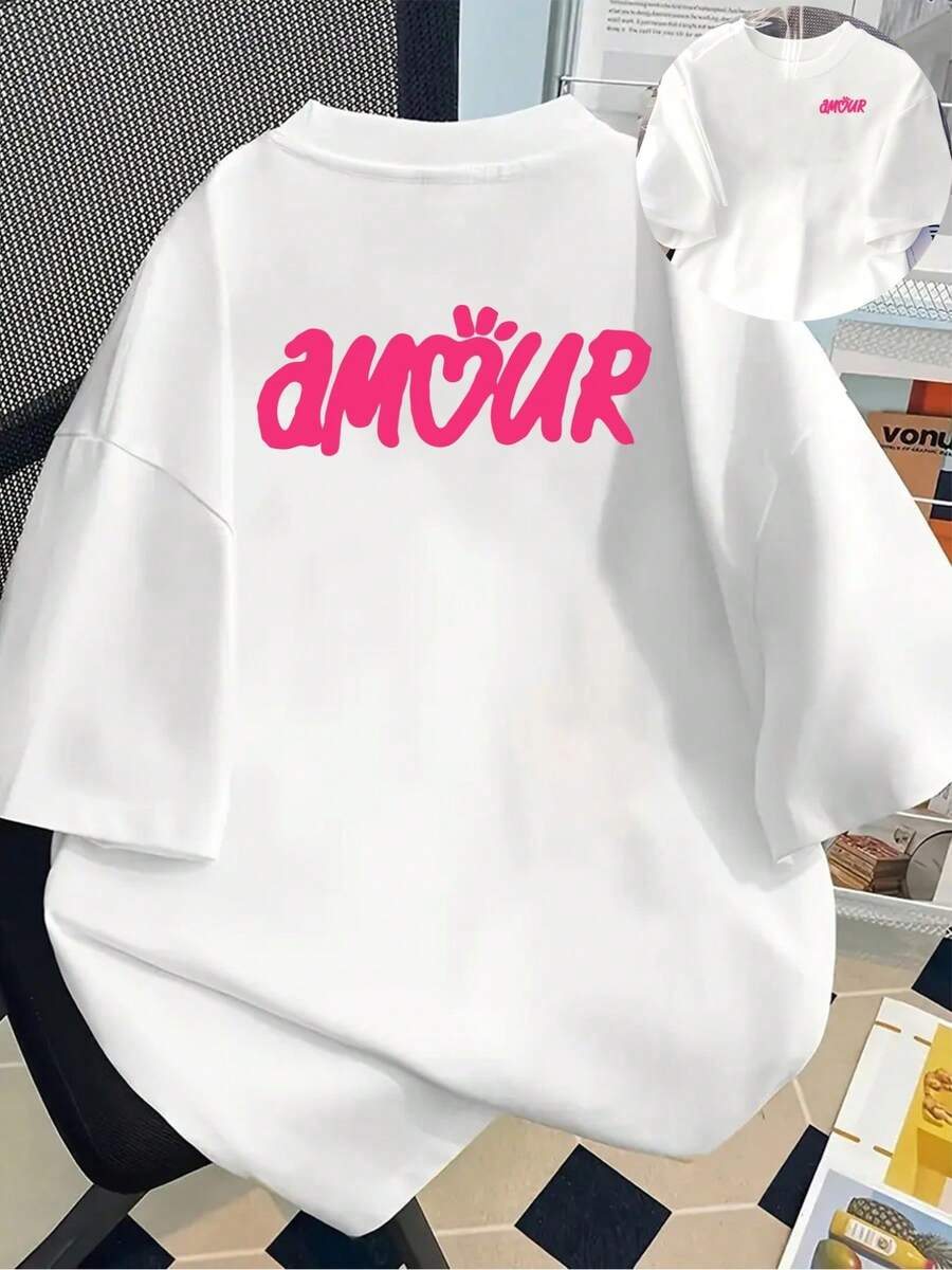 180g Cotton Short-Sleeved T-Shirt - Short-Sleeved T-Shirt With Front And Back Print - AMOUR, Love Phrases In French - Fashionable Printed T-Shirt For Women, Spring/Summer, Short Sleeve, For All Seasons, Fashion Clothing - Unisex. - 白色 - 查看 1