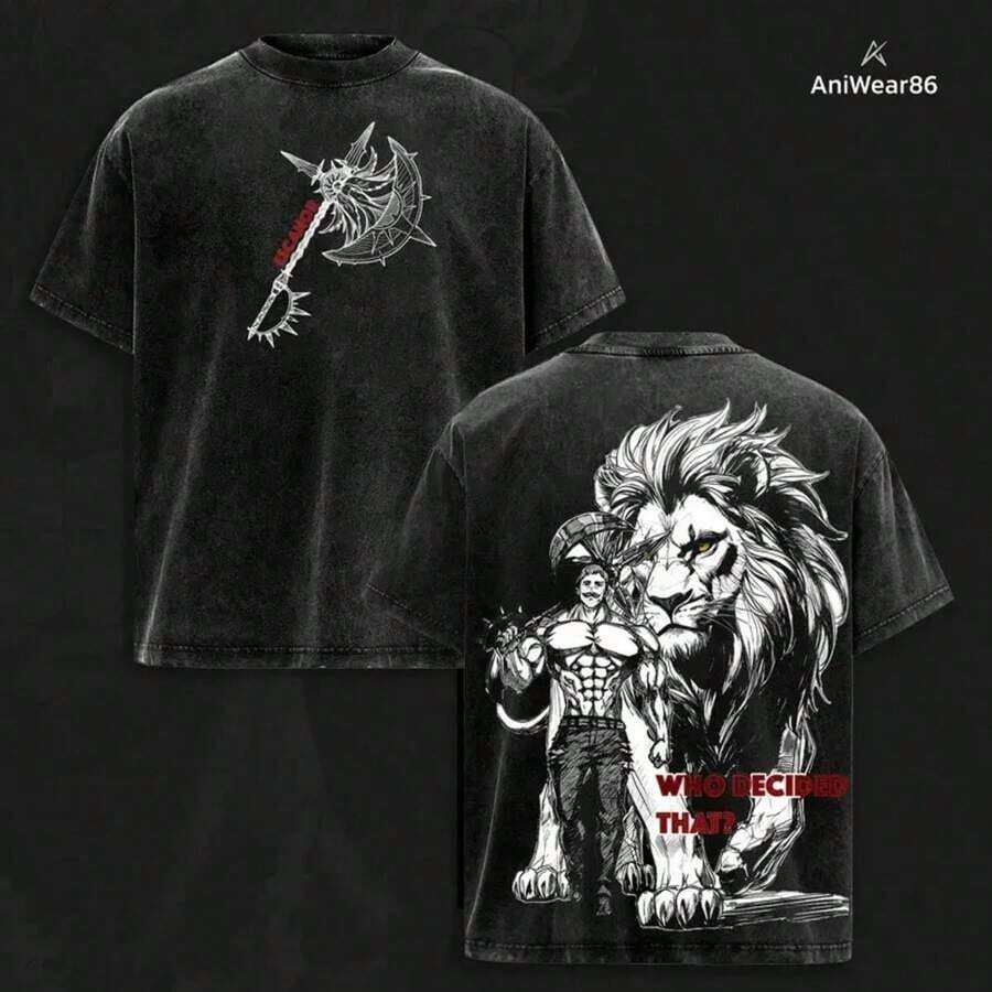 Graphic Cotton-Shirt Anime Print-ShirtEscanor - 'Who Decided That' Vintage Washed Oversized Anime Tee & Hoodie, Heavyweight Streetwear Shirt, Seven Deadly Sins Graphic Top, Lion's Muscle Artwork, Retro Washed Cotton, Unisex Loose Fit Anime Apparel, SDS Fans Y2K,Oversize Plus Size Men's S To 5XL,Summer Tee - 黑色 - 查看 1
