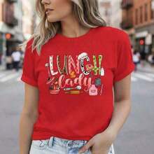 ComfortableGiftGiftGift1pc Women's Pure Cotton Graphic T-Shirt, Plus Sizes S-5XL, "Lunch Lady" Print, Short Sleeve, Casual Top, Soft And Comfortable For Everyday Wear, Loose Fit, Crew Neck, For School Cafeteria Workers, Food Service Staff, Chef Inspired Design, Summer T-Shirts, Summer Clothes, Summer Sets For Women, Summer Graphic Tees, Women's T-Shirts, Soft, Soft, Soft. Loose And Versatile Short Sleeve T-Shirt For Women - 紅色的 - 查看 10