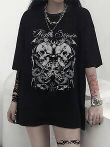 Women's Vintage Skull Graphic T-Shirt - Casual Black T-Shirt With Intricate Skull Design, Comfortable Short Sleeve, Round Neck, Perfect For Summer And Casual Wear, Casual Skull Print T-Shirt, Comfortable Fit, Skull T-Shirt. - 黑色 - 查看 1