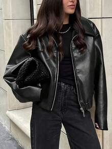 Women's Summer PU Leather Jacket, Windproof Moto Biker Coat With Lapel Collar, Zipper Closure, Elastic Hem, Loose Slim Fit, Casual Commuter Outerwear - Black - View 2