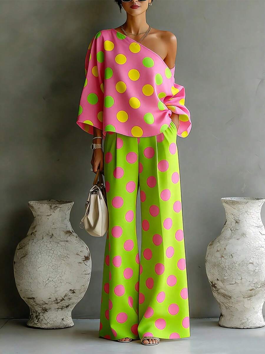 Women's Polka Dot Two-Piece Outfit, One Shoulder Top & High Waist Wide Leg Pants, Bold Color Block Set - Color - View 1