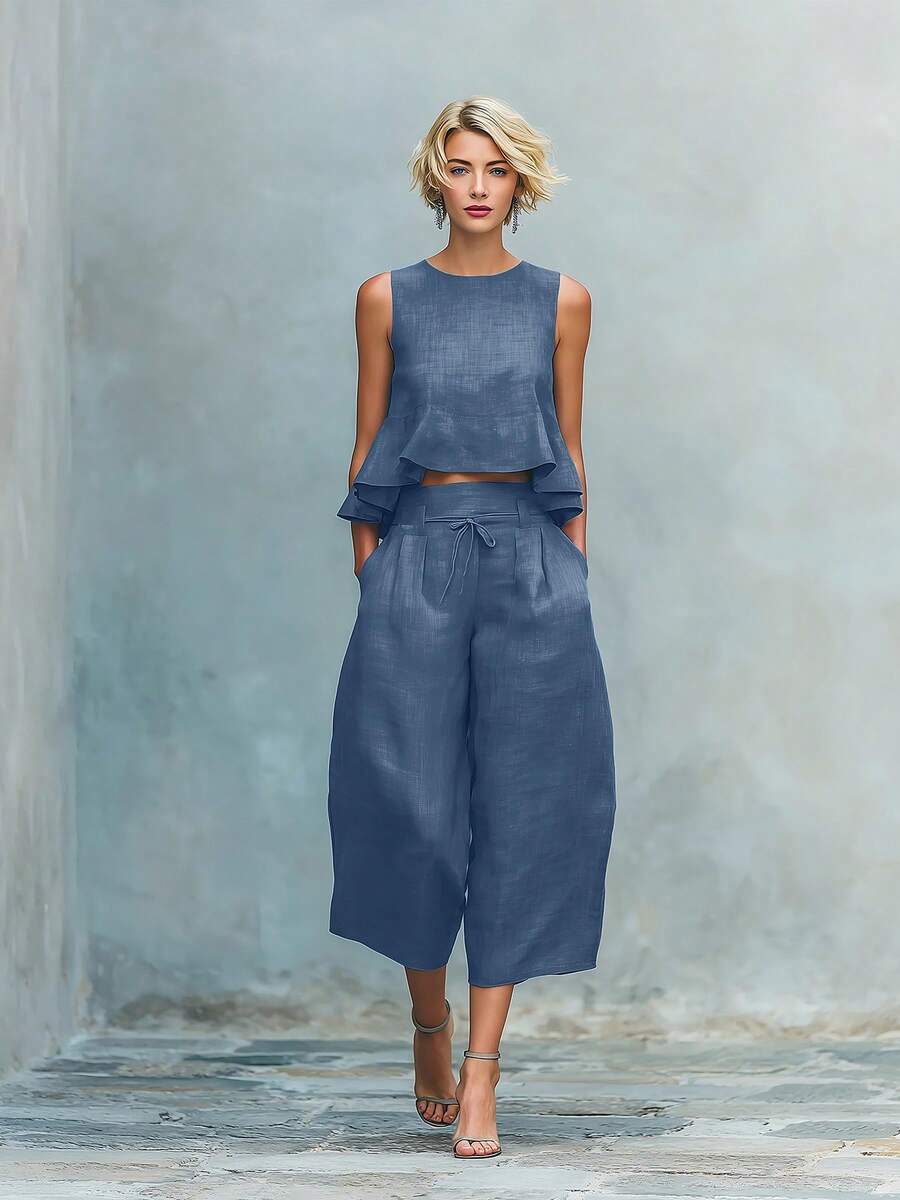 Women's Linen-Blend Two-Piece Outfit, Sleeveless Peplum Crop Top & High Waist Cropped Wide Leg Pants - Hải quân - Xem 1