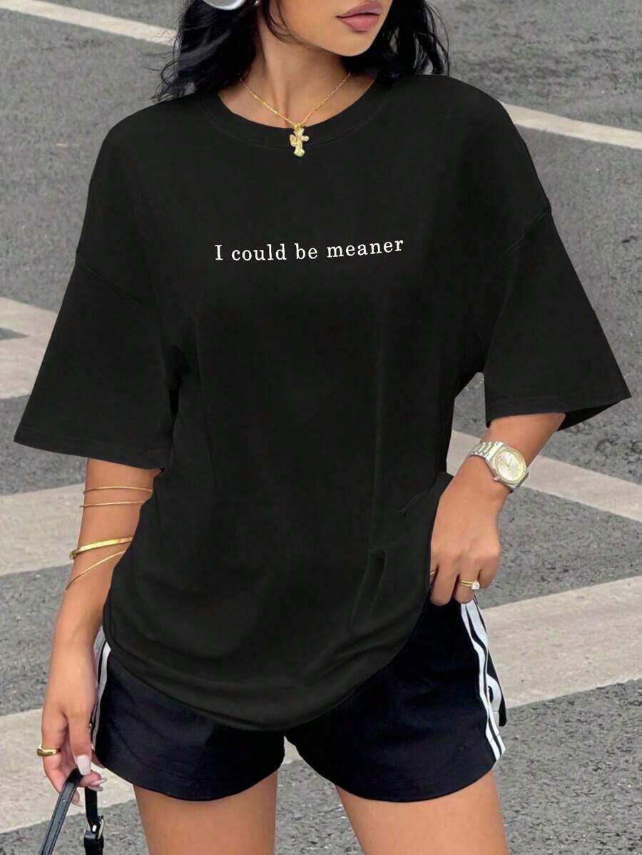 Camiseta holgada de algodón de manga corta con cuello redondo y hombros caídos, con estampado de eslogan, estilo casual para mujer de talla grande, estilo vintage de verano, unisex, blusas para mujer. blusas.blusas casuales para dama. - Negro - Ver 1