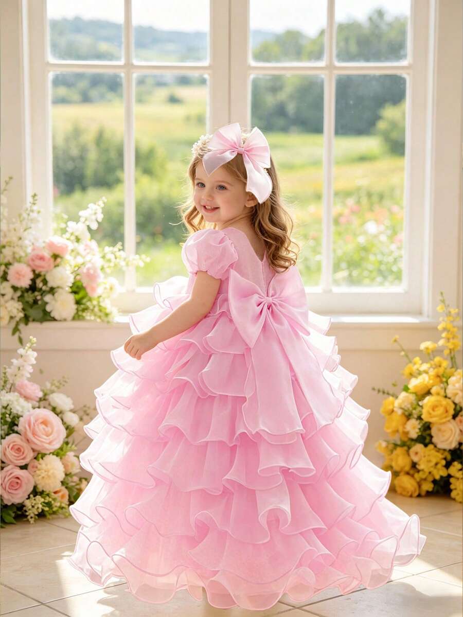 Baby Girls Bow Organza Puff Cute Birthday Flower Girl Dress With Train, Free Headband - Pink - View 1