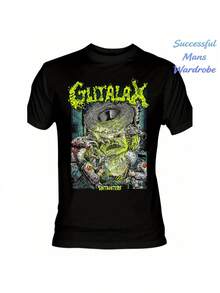 GUTALAX Band Logo Print T-Shirt In Bright Yellow - Vintage Style Crew Neck T-Shirt, Casual Cut, Suitable For Sports, All Seasons Wear, Gift For Fans (Unisex), Women's Blouses, Blouses, Casual Blouses For Women, Informal Blouses For Women, Women's Tops, Tops, Unisex. - 黑色 - 查看 1