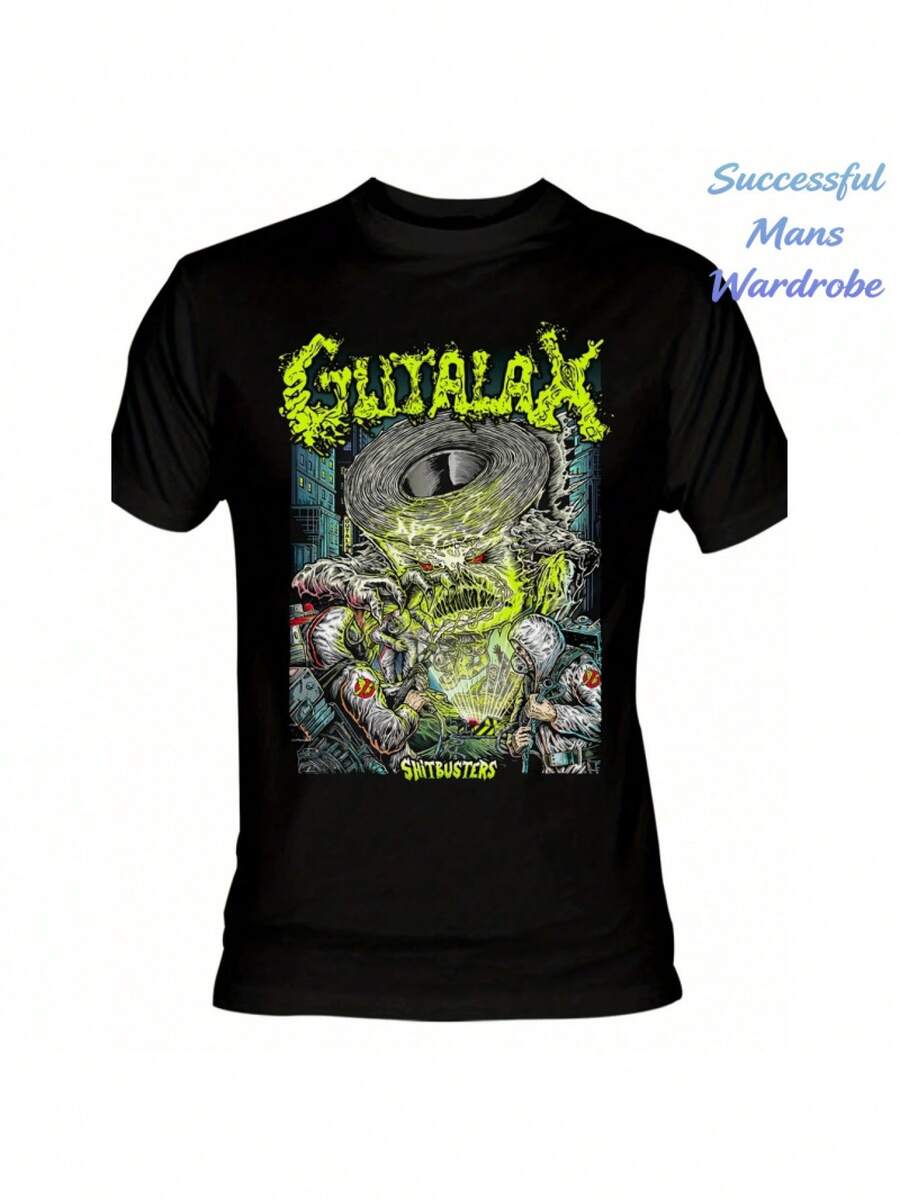 GUTALAX Band Logo Print T-Shirt In Bright Yellow - Vintage Style Crew Neck T-Shirt, Casual Cut, Suitable For Sports, All Seasons Wear, Gift For Fans (Unisex), Women's Blouses, Blouses, Casual Blouses For Women, Informal Blouses For Women, Women's Tops, Tops, Unisex. - 黑色 - 查看 1