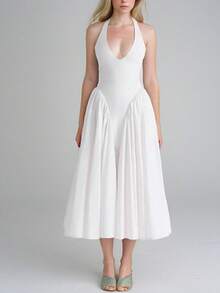 Elegant Pleated Halter Neck Party Dress For Spring 2026 - White - View 1