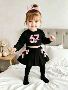 Baby Girl Number Print Round Neck Long Sleeve Top And Ribbon Bow Decor Skirt Set - Black - View 1