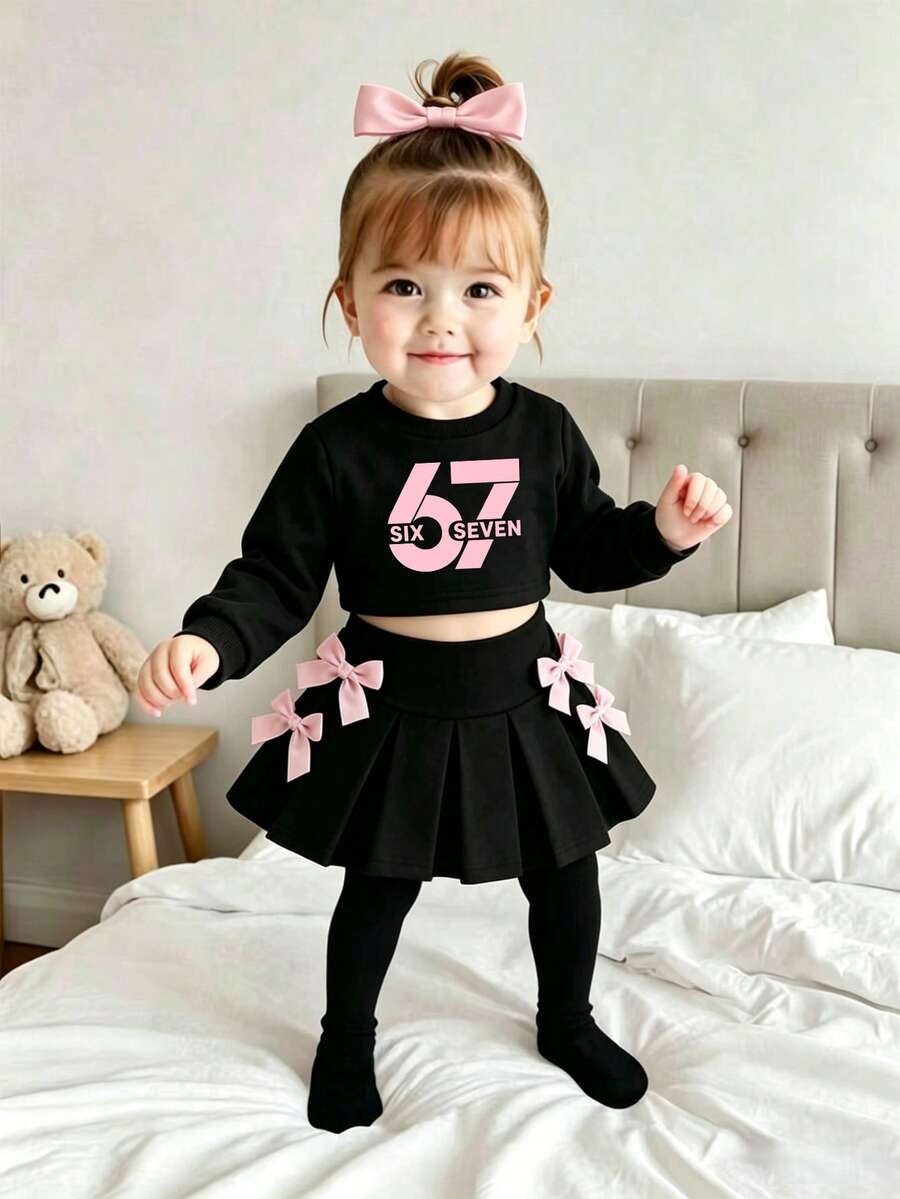 Baby Girl Number Print Round Neck Long Sleeve Top And Ribbon Bow Decor Skirt Set - Black - View 1