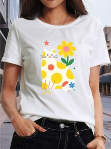 Casual Short-Sleeved T-Shirt With Fun And Cute Animal Print, Round Neck, Fashionable Women's Clothing For All Seasons, Elegant, Stylish And Intellectual Design For Summer. - 白色 - 查看 6