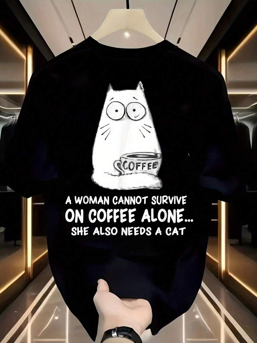 Soft And Fun T-Shirt With Coffee-Loving Cat Print, Cat And Coffee Themed Design For Women, 100% Cotton, Unisex Casual Top, Sizes S To XXXL, Machine Washable, Fun Outdoor Casual Wear, Elegant Blouses For Ladies. - 黑色 - 查看 1