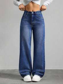 Jeans de mezclilla de unicolor minimalista para uso diario de mujer - Azul lavado oscuro 2 - Ver 3