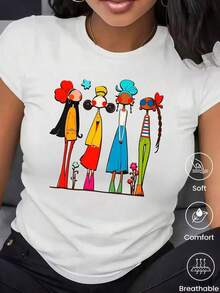 180g Made In Mexico, Spring/Summer 2026 Fashion Short Sleeve T-Shirt, Cartoon Print, Couple Style, Underwear/Outerwear, Casual Round Neck For Office, Unisex One Piece Top - 白色的 - 查看 1