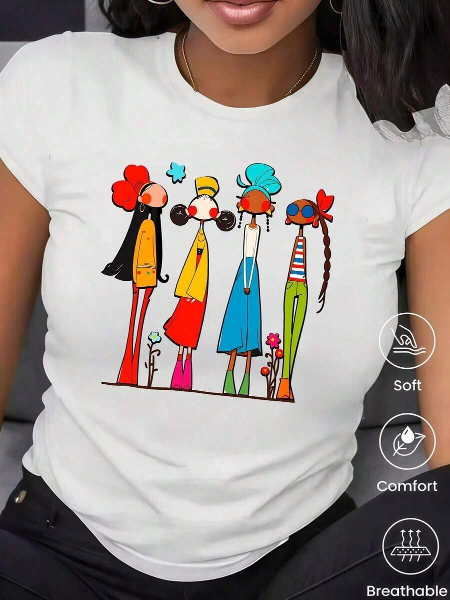180g Made In Mexico, Spring/Summer 2026 Fashion Short Sleeve T-Shirt, Cartoon Print, Couple Style, Underwear/Outerwear, Casual Round Neck For Office, Unisex One Piece Top - 白色的 - 查看 1
