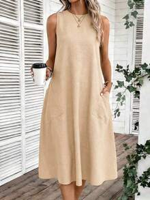 Vestido midi casual con bolsillo para mujer, carnaval de verano, casual - Caqui - Ver 4