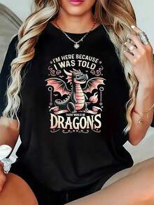 Women's Plus Size Graphic T-Shirt With Dragon Design And The Slogan "I'm Here Because Someone Said A Dragon Is A Dragon" - Black With Pink And Orange Fantasy Design, Breathable, Slim Fit, Round Neck And Short Sleeve, Suitable For Casual Wear In Spring And Summer, Ideal For Cross-Dressing, Cotton T-Shirt. - 黑色 - 查看 7