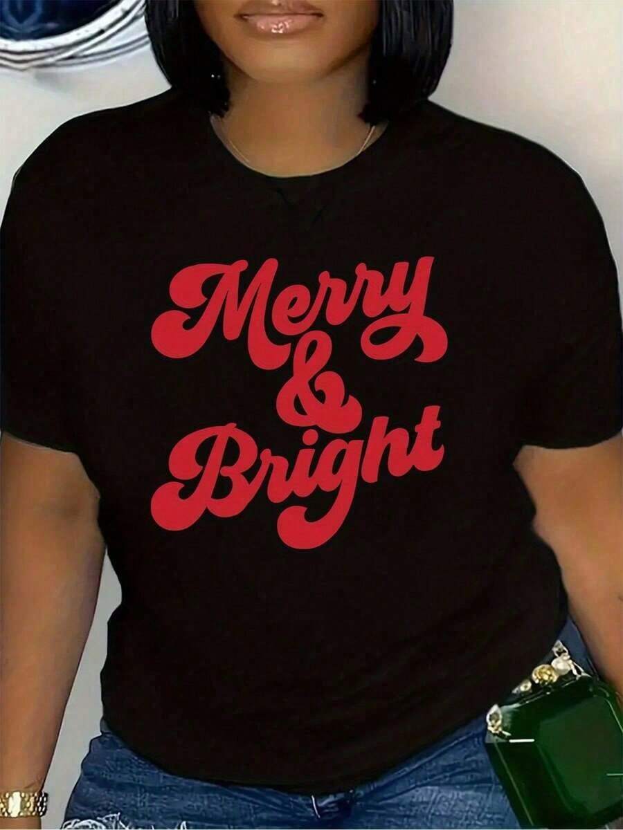 Women's Cotton Crew Neck T-Shirt, % Cotton, Merry & Bright, One Size, Soft And Loose Fit, Festive Letter Print, One Size 's Blouses Shirt - 黑色 - 查看 1