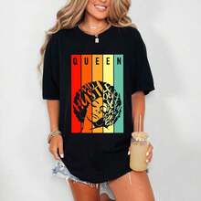 Women's Queen Hustle Soul Graphic Print Short Sleeve T-Shirt, Retro Urban Chic Style Top, Casual Loose Fit T-Shirt For All Seasons 2026, Stylish New Spring Summer Style, Ideal Gift For National Day, Christmas, Halloween. - 黑色 - 查看 2