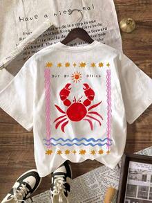 Camiseta gráfica de cangrejo "Fuera de la oficina", camiseta casual de cuello redondo de manga corta para mujer para el verano, vacaciones, atuendo de playa blanco |   Diseño exquisito |   Suelto y cómodo |   Fácil de combinar | - Blanco - Ver 2