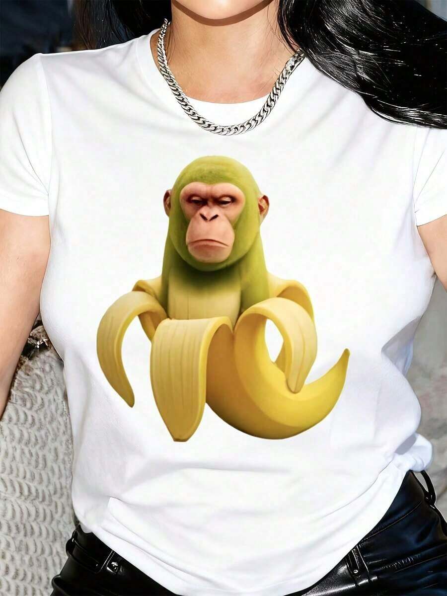 New Arrivals For Summer. Women's Short-Sleeved Crew Neck T-Shirt With A Fun Monkey Print - Casual Summer And Spring Top, Black With A Green Cartoon Design, Lightweight Fabric, Machine Washable, Casual Wear, Fun Print T-Shirt, Lightweight Blouse. - 白色 - 查看 1