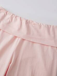 Womens Split Hem Capri Pants Fold Over Waist Solid Color Slim Fit Cropped Pants Trousers - 粉色 - 查看 7