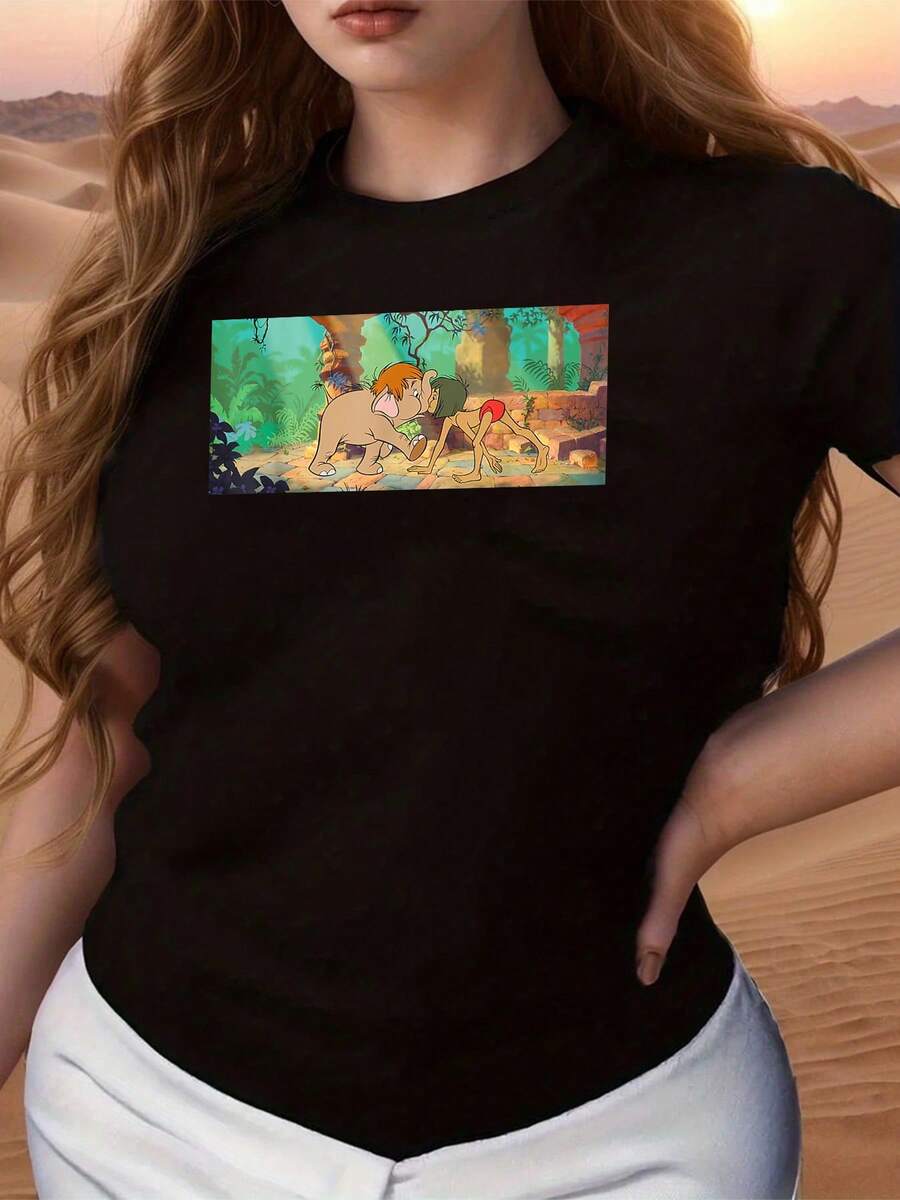 Colorful Image Depicting A Scene Of Friendship And Adventure In The Jungle With A Child And A Cute Animal Radiating Natural Energy And Fun. Comfortable Casual Women's T-Shirt Ideal For Everyday Wear. - 黑色 - 查看 1