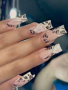 Nâng tầm diện mạo của bạn với 24 móng tay giả vuông vừa, bóng mượt, phủ kín toàn bộ bề mặt, dành cho nữ, họa tiết da báo màu cà phê, hoa trắng, đường kẻ đen, kiểu dáng đơn giản, thanh lịch, thời trang và lãng mạn. - Đen và trắng - Xem 8