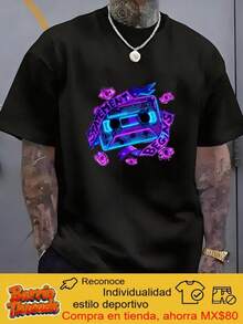 T-Shirt With Letter Print, Cassette Tapes, Eyes And Text, White, Short Sleeve, Round Neck, Loose Fit, Casual Urban Style, Sportswear, Versatile For Summer, Summer T-Shirt For Casual Outdoor Outfit, Machine Washable, Quick Drying, Embroidered. - 黑色 - 查看 8