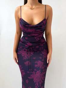 Fitted Dress With Low-Cut Print, Elegant Style Spring 2026 - Purple - View 3