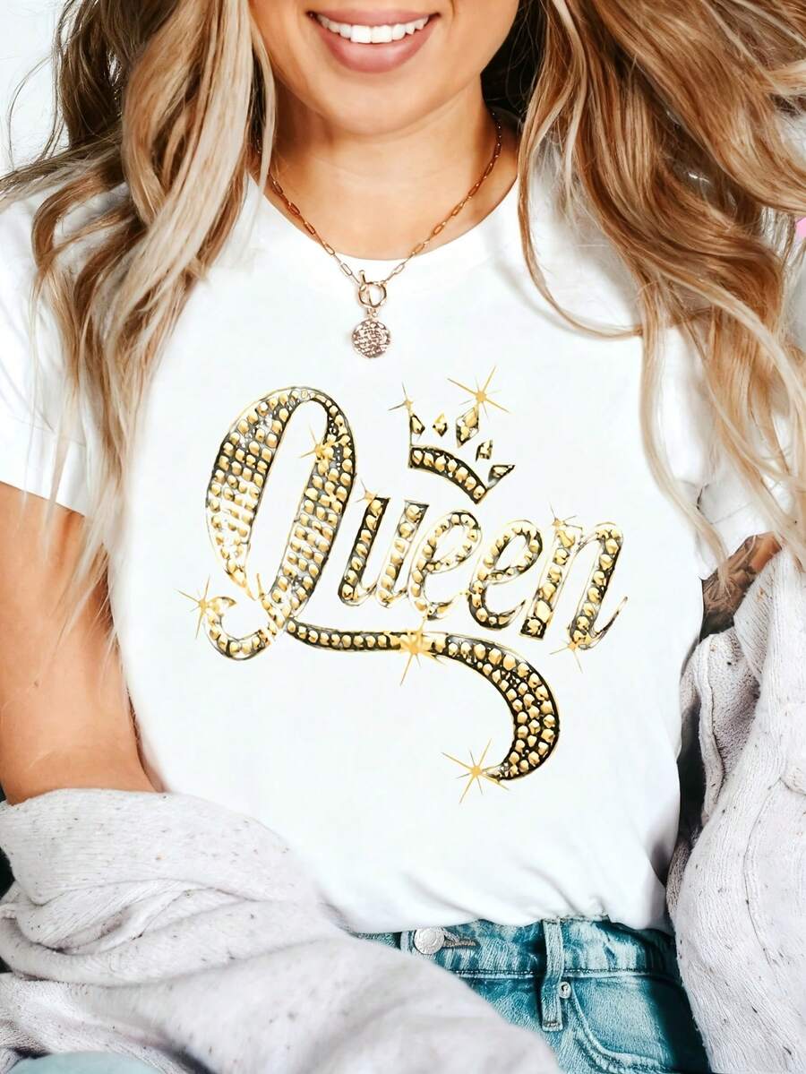 Queen Crown Graphic T-Shirt, 100% Cotton Oversized Soft Breathable Casual Crewneck Short Sleeve Top, Retro Glamour Style Tee for Women & Royal Fashion Lovers