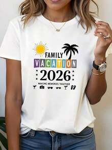 Women's Printed Crew Neck T-Shirt, New Year's Family Holiday 2026, For Spring And Summer, Perfect For Casual Outings, Christmas Gifts And Family Gatherings - 白色 - 查看 1