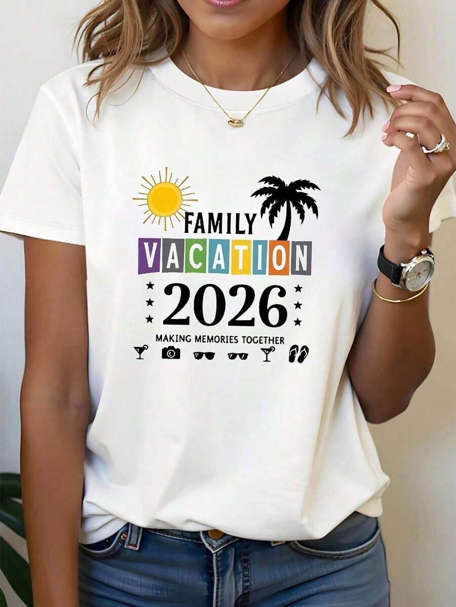 Women's Printed Crew Neck T-Shirt, New Year's Family Holiday 2026, For Spring And Summer, Perfect For Casual Outings, Christmas Gifts And Family Gatherings - 白色 - 查看 1