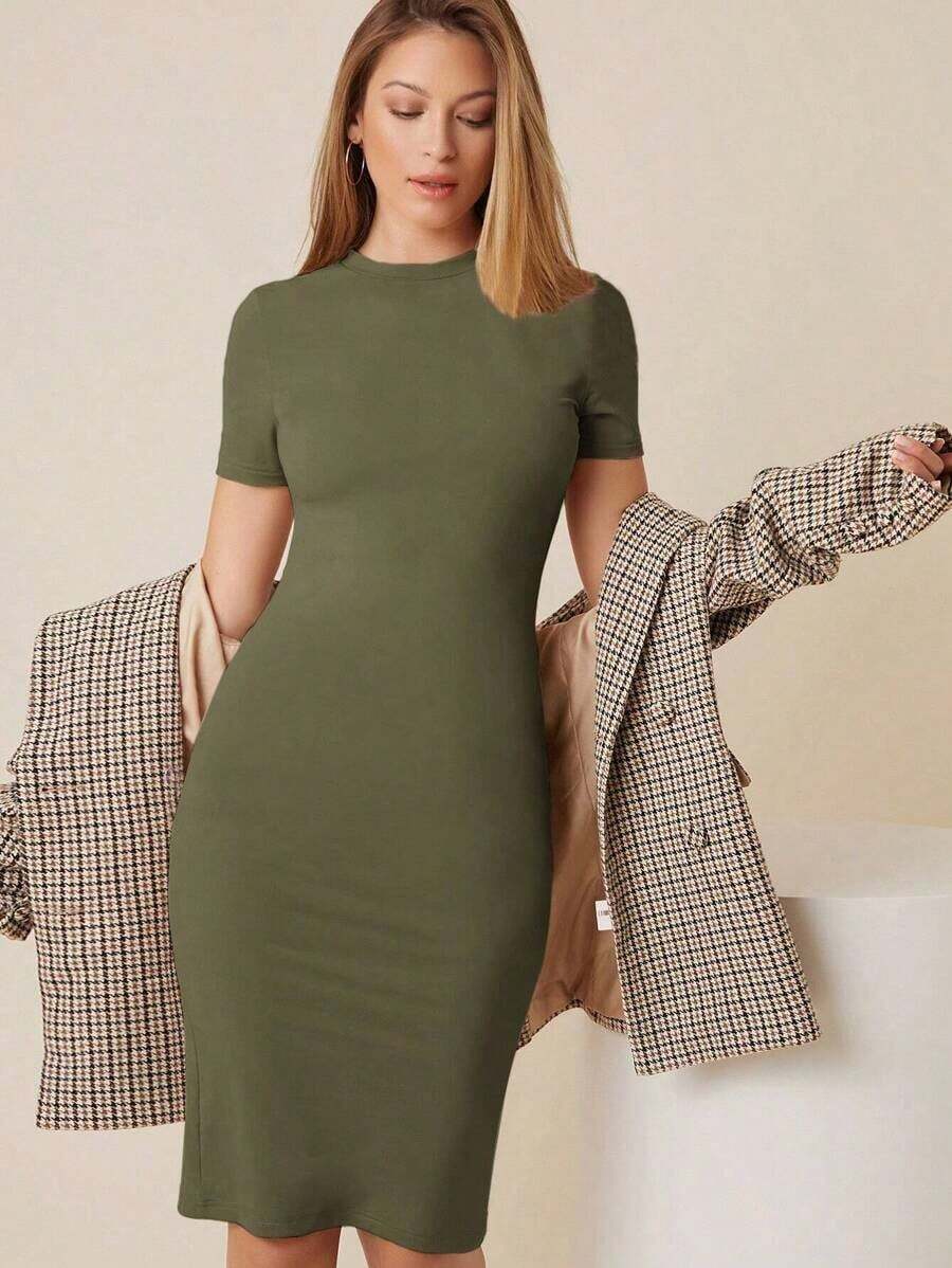 Vestido ajustado bajo con abertura - Verde militar - Ver 1