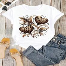 Leopard Heart Graphic T-Shirt, 100% Cotton Oversized Soft Breathable Casual Crewneck Short Sleeve Top, Romantic Aesthetic Summer Vibes Tee for Women & Animal Lovers - Blanco - Ver 13