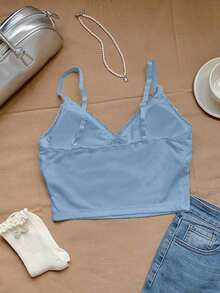 Camisilla sin mangas casual de verano para mujer con parches de encaje en unicolor - Azul - Ver 3