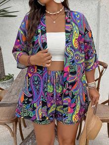 2 piezas Conjunto de talla grande Chaqueta de manga corta con estampado de leopardo, casual y de moda para uso diario - Negro - Ver 5