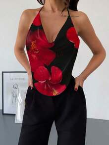 Top de cuello halter para fiesta sin espalda con fornteras drapeadas y diseño sólido - Negro - Ver 4