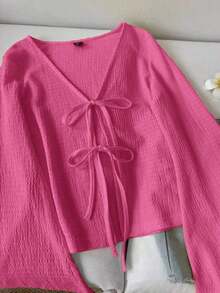 Blusa casual de mujer de manga acampanada con lazo, unicolor, top color burdeos, top rojo vino, top rojo oscuro, ropa estilo cottagecore, blusas rojas para mujer, casual - Celeste 2 - Ver 5