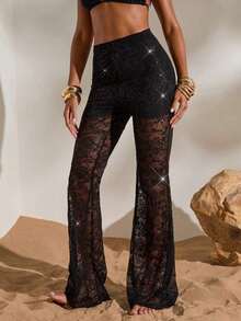 Pantalones elegantes de cintura alta con volantes de encaje para mujer, para citas, salidas nocturnas, para otoño e invierno - Negro - Ver 4