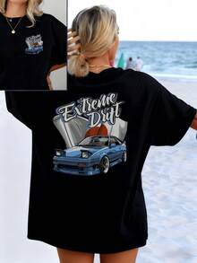 Blue Sports Car With Pop-Up Lights Symbolizing Speed, Freedom, And Street Energy Against A  Exhaust Background. Women's T-Shirt With A Modern Casual Double-Print Print - 黑色 - 查看 8