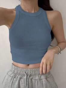 Top corto de mujer de unicolor negro ajustado para gimnasio - Azul 2 - Ver 6
