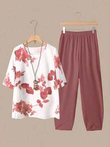 2 piezas Conjunto de top y pantalones casuales estampados para mujer - Rosa vieja - Ver 2