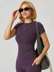 1 pieza Camiseta deportiva de manga corta de ajuste ceñido y minimalista para mujer, ideal para el verano - Morado - Ver 4