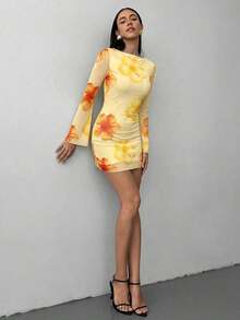 corto ajustado con mangas largas, estampado de tie-dye y parte posterior abierta y atada, de estilo sexy y a la moda para mujer - Amarillo - Ver 3