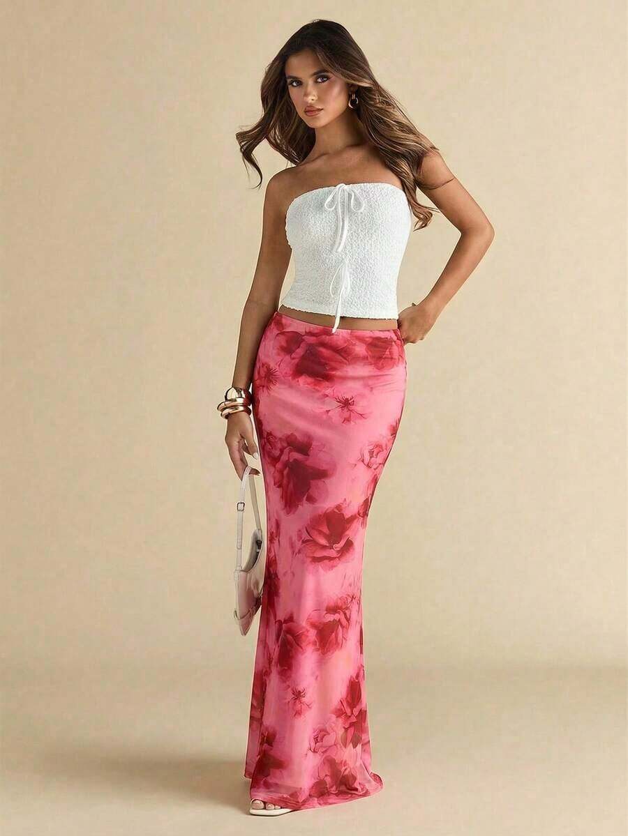 Falda de malla con estampado floral rosa de cintura media-baja para mujer de  , adecuada para la temporada de bodas, temporada de graduaciones, salidas nocturnas, actividades de fiesta, viajes, festivales, falda elegante para mujer, falda rosa.