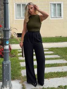 Top de tirantes casual con cuello plisado de unicolor para mujer, de verano - Verde militar - Ver 1